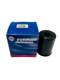 A black fuel filter canister with a 10-micron filter, displayed next to its original blue packaging box labeled Evinrude Johnson.