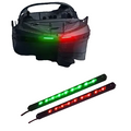 Boat with green and red LED lights on a dark water surface, followed by close-up of green and red LED strips.